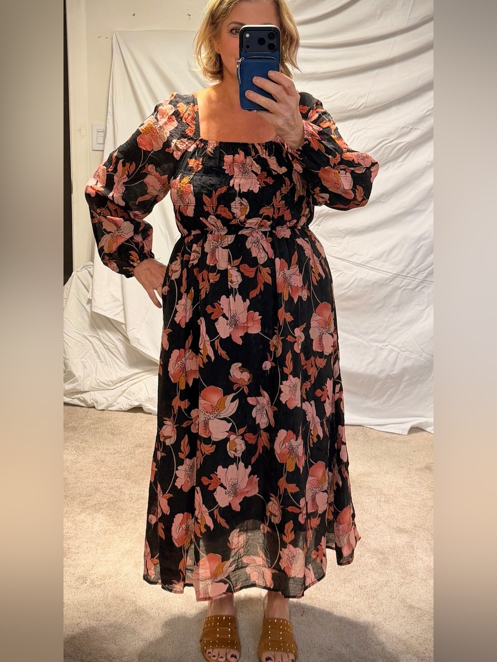 Fall Florals Hayden Dress black with muted punk/orange/yellow flowers